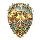 peace sign intertwined with Amazon jungle scene at blue sunset tattoo design idea