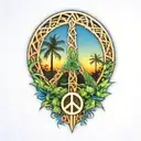 peace sign intertwined with Amazon jungle scene at blue sunset tattoo design idea