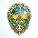 peace sign intertwined with Amazon jungle scene at blue sunset tattoo design idea