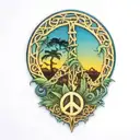 peace sign intertwined with Amazon jungle scene at blue sunset tattoo design idea