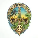 peace sign intertwined with Amazon jungle scene at blue sunset tattoo design idea