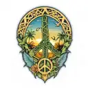 peace sign intertwined with Amazon jungle scene at blue sunset tattoo design idea