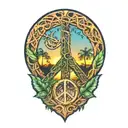 peace sign intertwined with Amazon jungle scene at blue sunset tattoo design idea