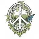 peace sign intertwined with amazon jungle scene tattoo design idea