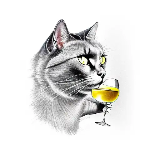 black cat in profile view drinking wine tattoo design idea