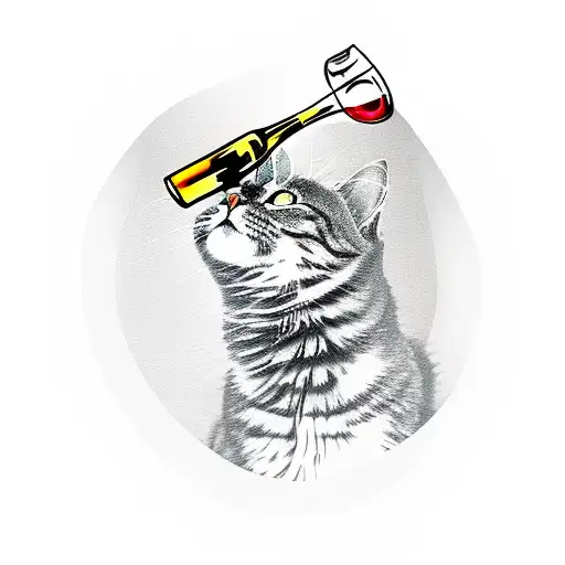cat in profile holding up glass of wine to mouth tattoo design idea