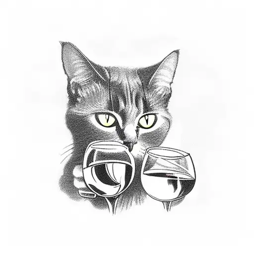 black cat drinking wine tattoo design idea