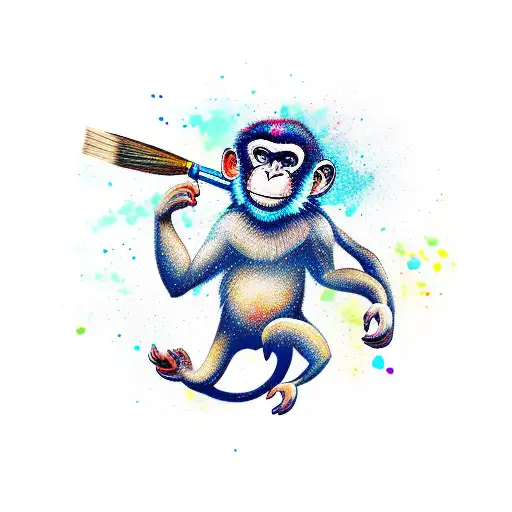 A playful monkey swinging from a paintbrush, with splashes of color surrounding it tattoo design idea