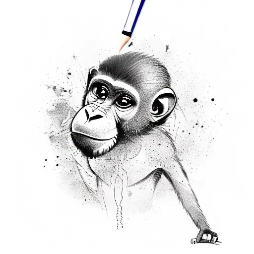 A sketch style tattoo of a monkey creating a masterpiece on a canvas, with paint splatters in the background tattoo design idea