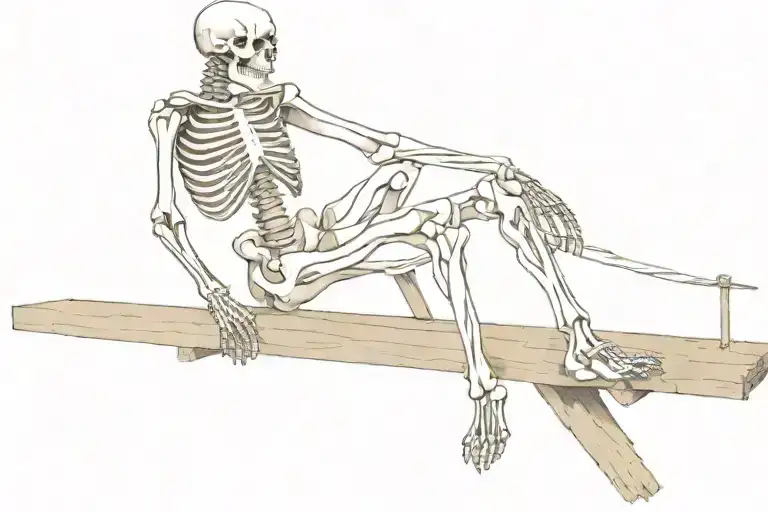 a skeleton sitting on a wooden dock, facing away towards the bay tattoo design idea