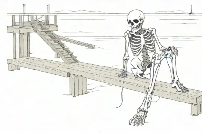 a skeleton sitting on a wooden dock, facing away towards the bay all black tattoo design idea