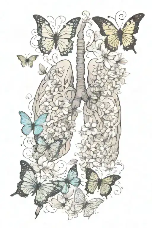 lungs with flower blooming, and blooming with butterflys and two angels tattoo design idea
