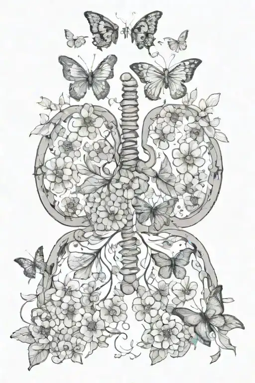 lungs with flower blooming, and blooming with butterflys and two angels tattoo design idea
