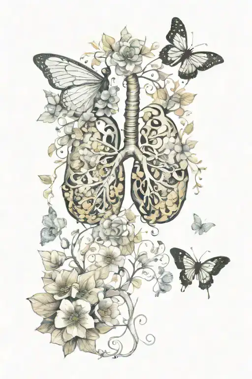 lungs with flower blooming, and blooming with butterflys and two angels tattoo design idea