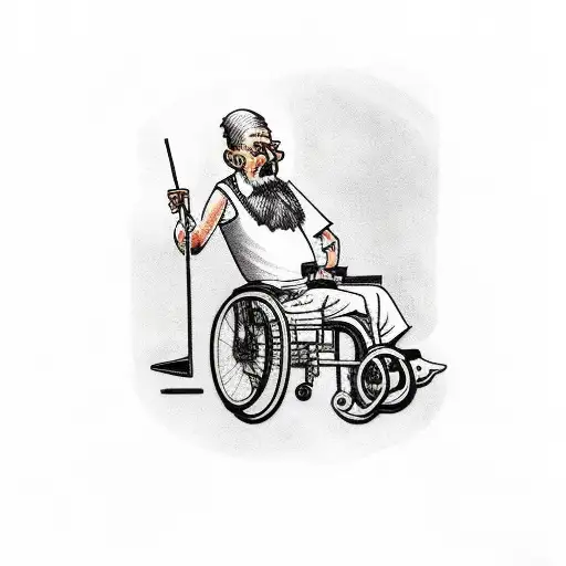 Old man with one leg sitting in old wheelchair with a bayerische landbrot in one hand and a cigarette in the other hand tattoo design idea