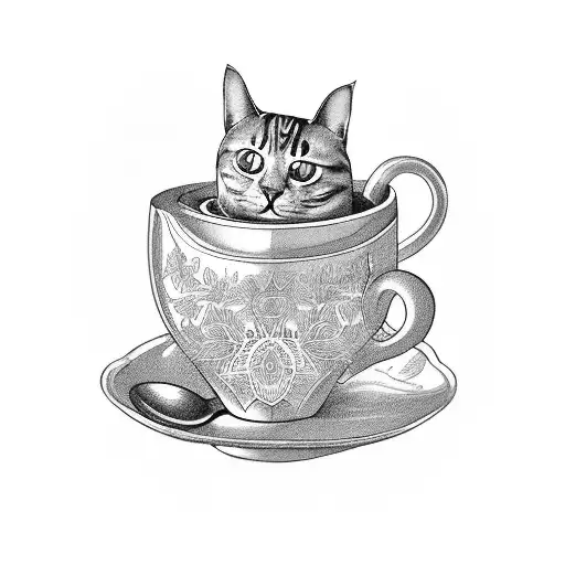 A whimsical coffee cup with a cat curled around it, surrounded by lush plants tattoo design idea