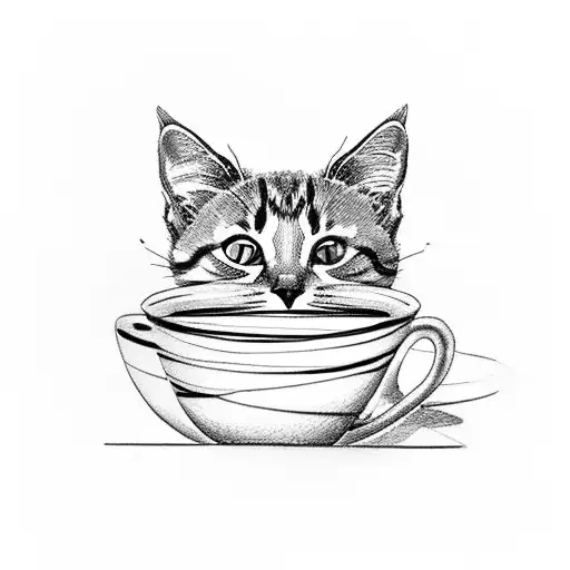 A minimalistic design of a coffee cup and saucer, with a small cat perched on the rim and a plant sprouting from the cup tattoo design idea