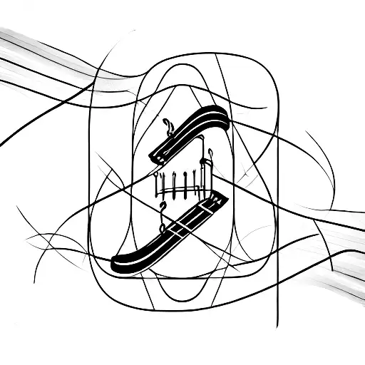 An abstract design featuring various musical instruments intertwined with iconic landmarks of NYC tattoo design idea