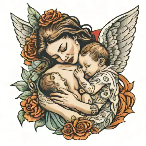 A shoulder tattoo of a mother holding a newborn infant against her chest, with one angel baby looking over the mother's  tattoo design idea
