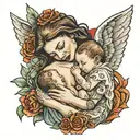 A shoulder tattoo of a mother holding a newborn infant against her chest, with one angel baby looking over the mother's  tattoo design idea