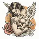 A shoulder tattoo of a mother holding a newborn infant against her chest, with one angel baby looking over the mother's  tattoo design idea
