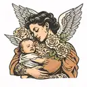 A shoulder tattoo of a mother holding a newborn infant against her chest, with one angel baby looking over the mother's  tattoo design idea