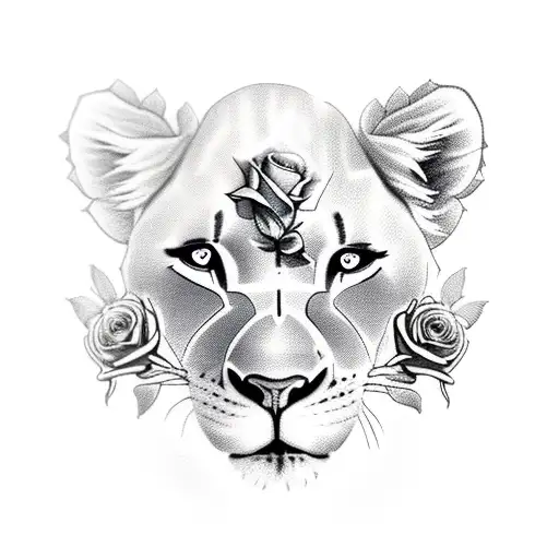 lioness with lion cub with roses tattoo design idea