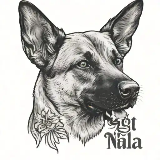 Belgian Malinois Ears with Nala written underneath tattoo design idea