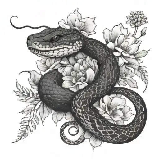 snake and wild flowers intertwined tattoo design idea