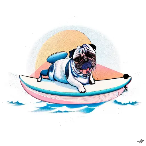 A loyal dog sitting on a surfboard at sunset tattoo design idea