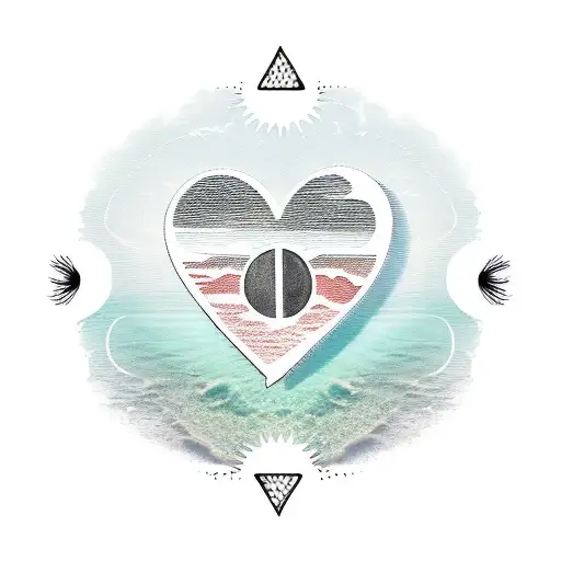 A beach scene with a heart-shaped sun and the words 'amor verdadeiro' tattoo design idea