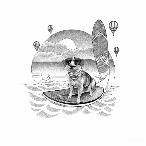 A loyal dog sitting on a surfboard at sunset tattoo design idea