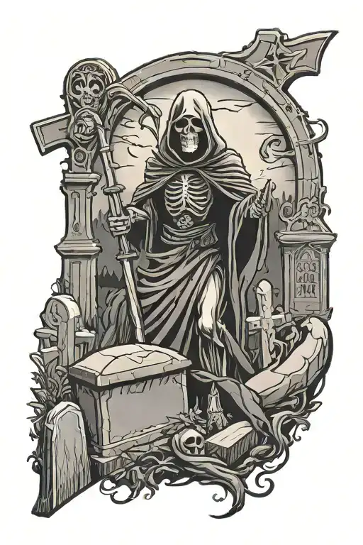 grim reaper in graveyard scene with tombstones tattoo design idea