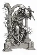 grim reaper in graveyard scene with tombstones realistic   tattoo design idea