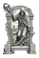 grim reaper in graveyard scene with tombstones realistic   tattoo design idea