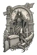 grim reaper in graveyard scene with tombstones tattoo design idea