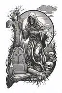 grim reaper in graveyard scene with tombstones tattoo design idea