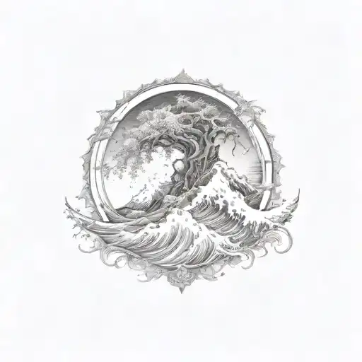 ocean wave, ark, ash tree tattoo design idea