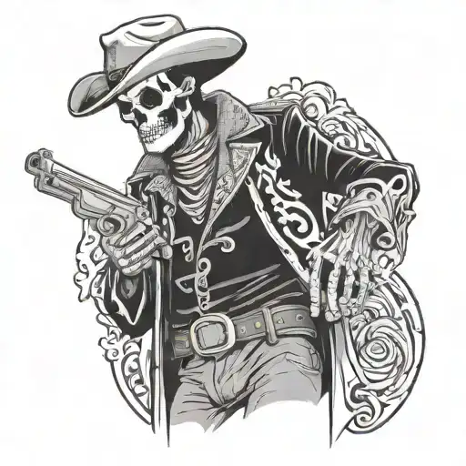 A Skeleton Cowboy wearing a Leather Duster Coat, posing with his Colt Revolver tattoo design idea