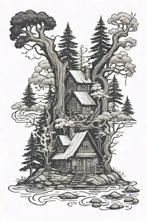 woodland and forest and trees and cabin and wizard and river and hills tattoo design idea