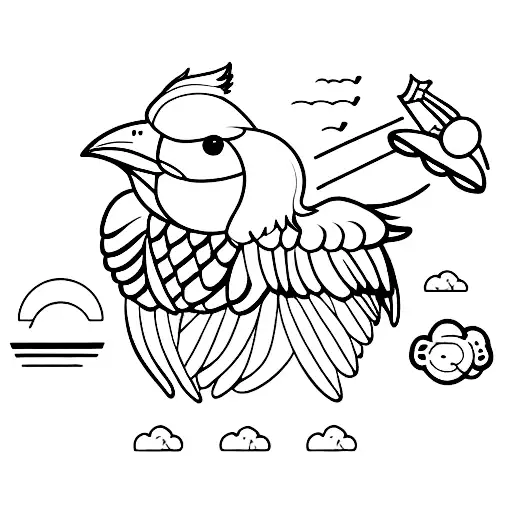 bird with bell in beak and a small friendly bear in the background  tattoo design idea