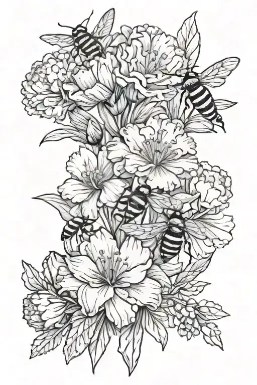 carnations , daffodil , daisy , poppy , bees tattoo design idea
