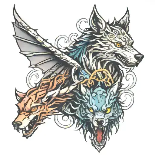wolf and dragon intertwined tattoo design idea
