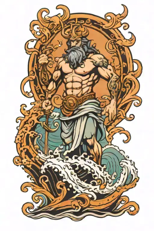 Poseidon standing in the waves tattoo design idea