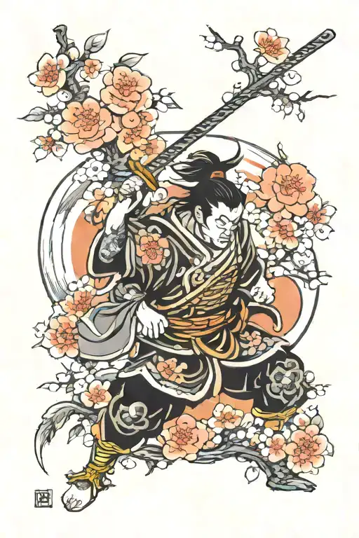 warrior with peach blossom tree tattoo design idea