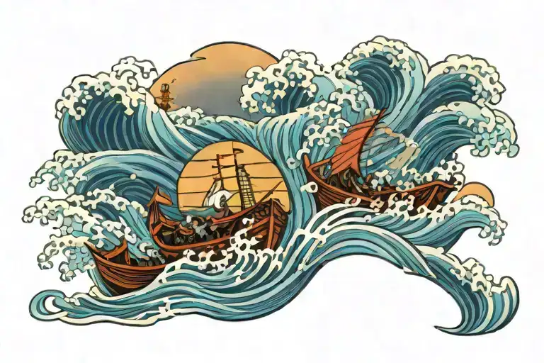 boat fighting waves in ocean tattoo design idea