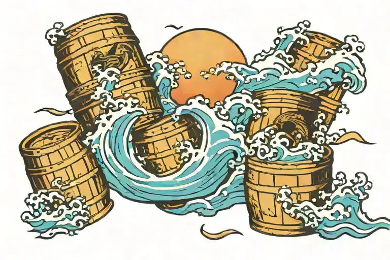 barrels floating in a rough ocean tattoo design idea
