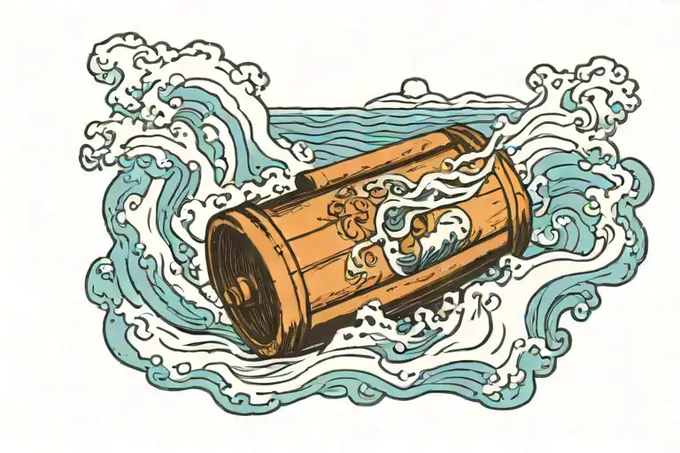 lone barrel floating in a rough ocean tattoo design idea