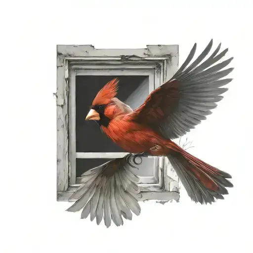 looking out of a window that a cardinal is flying towards tattoo design idea