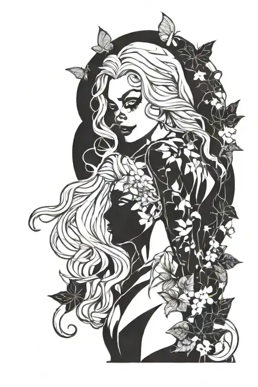 poison ivy, harley Quinn, and catwoman silhouette intertwined tattoo design idea